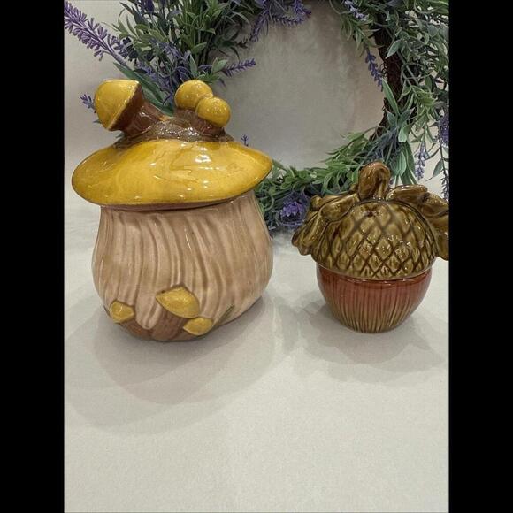 Other - Lot Of 2 VTG  1970s Ceramic Tree Stump and Mushroom Canister And Acorn Read Boho
